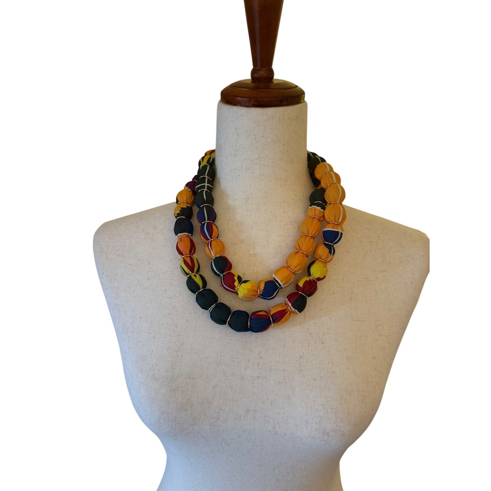 African Wax Print Fabric Wrapped Bead Necklace Long Ankara Statement Multicolor